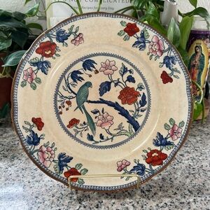Booths Silicon China Floral With Green Parrot Bird 10.5" Plate 1900’s